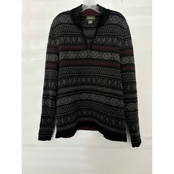Eddie Bauer 1/4 zip Sweater Size L Burgandy & Black pattern 100% Morino Wool - Picture 1 of 5